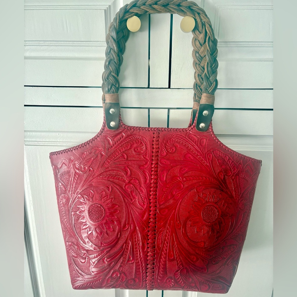 Alejandro Yeo Red Leather Hand Tooled Handbag Tote Like NEW